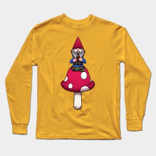 Cute Garden Gnome Eating Chocolate On Mushroom Long Sleeve T-Shirt